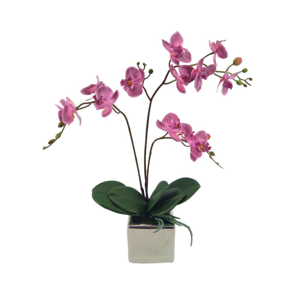 Dark Purple Artificial Phalaenopsis Orchids in Silver Ceramic Planter