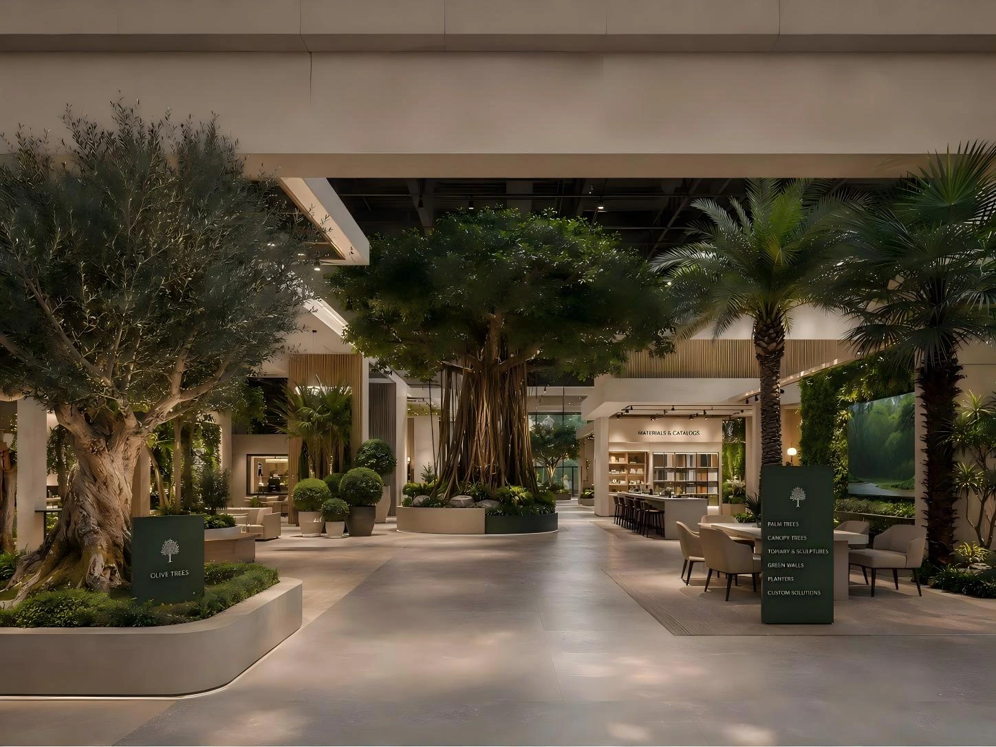 Artificial tree showroom featuring custom palm and olive trees in Huizhou, Guangdong
