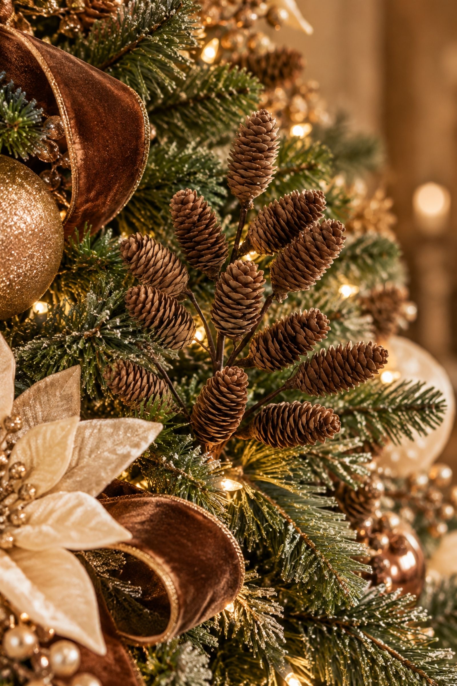 Brown Christmas decoration pick with multiple elongated pinecones on branching stems, product reference 13579.
